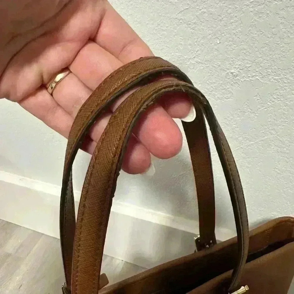 Michael Kors Tote Bag Brown Leather Shoulder Bag MK Charm Gold Hardware - Picture 11 of 14